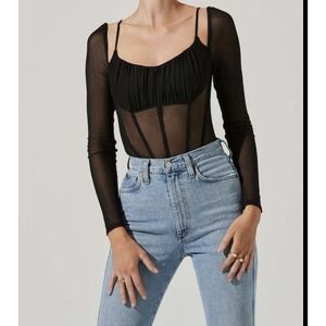 ASTR the Label Black Ribbed Front Corset Vienna Bodysuit S